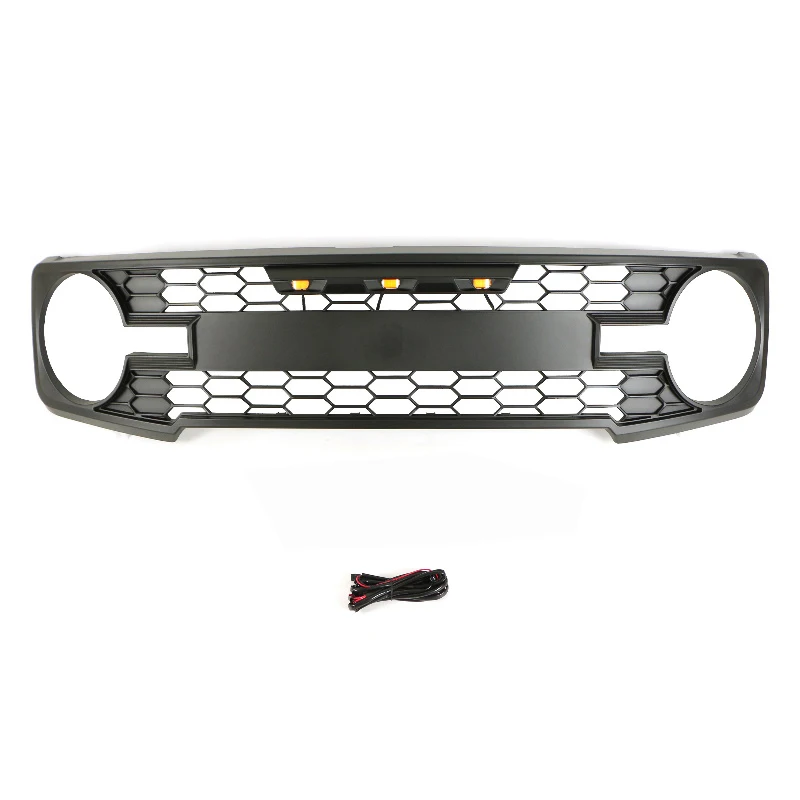 Front Grille Fit For Ford Bronco 2022 Front Grille Grill Bumper w/LED Lights Black ABS