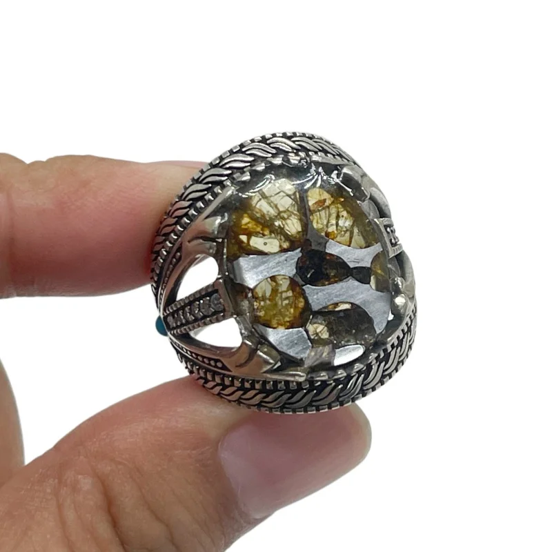 7.9g Seymchan Pallasite Meteorite Alloy Adjustable Ring Natural Olivine Crystal Inlay Finger Jewelry Collection - LB179
