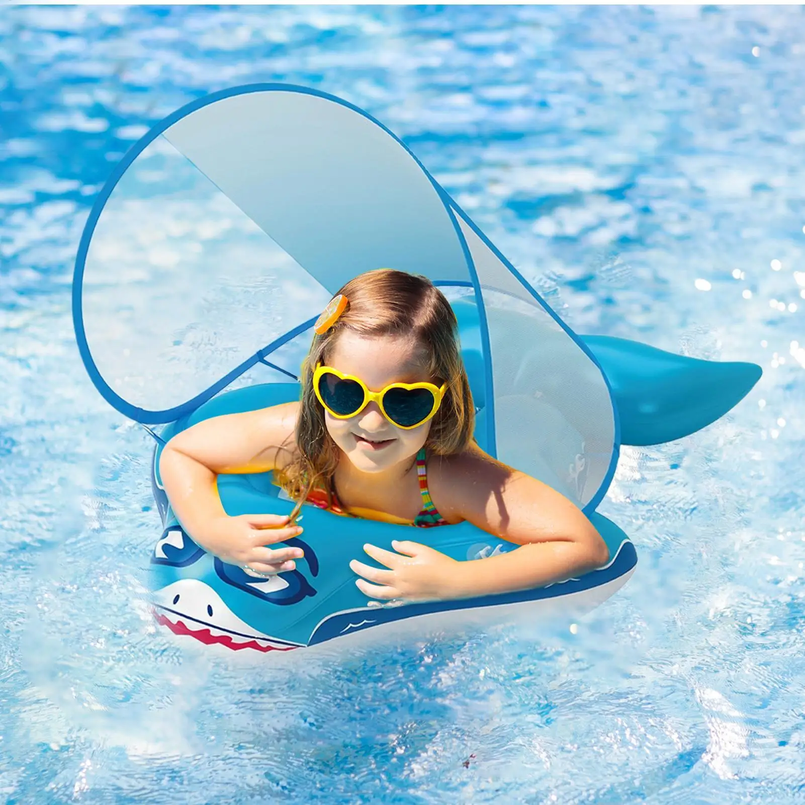 

Baby Swim Float With Canopy Skin-Friendly Swimming Float UV Protection Shade Ring In Fun Shark Shape For Toddler Boy Toys Play