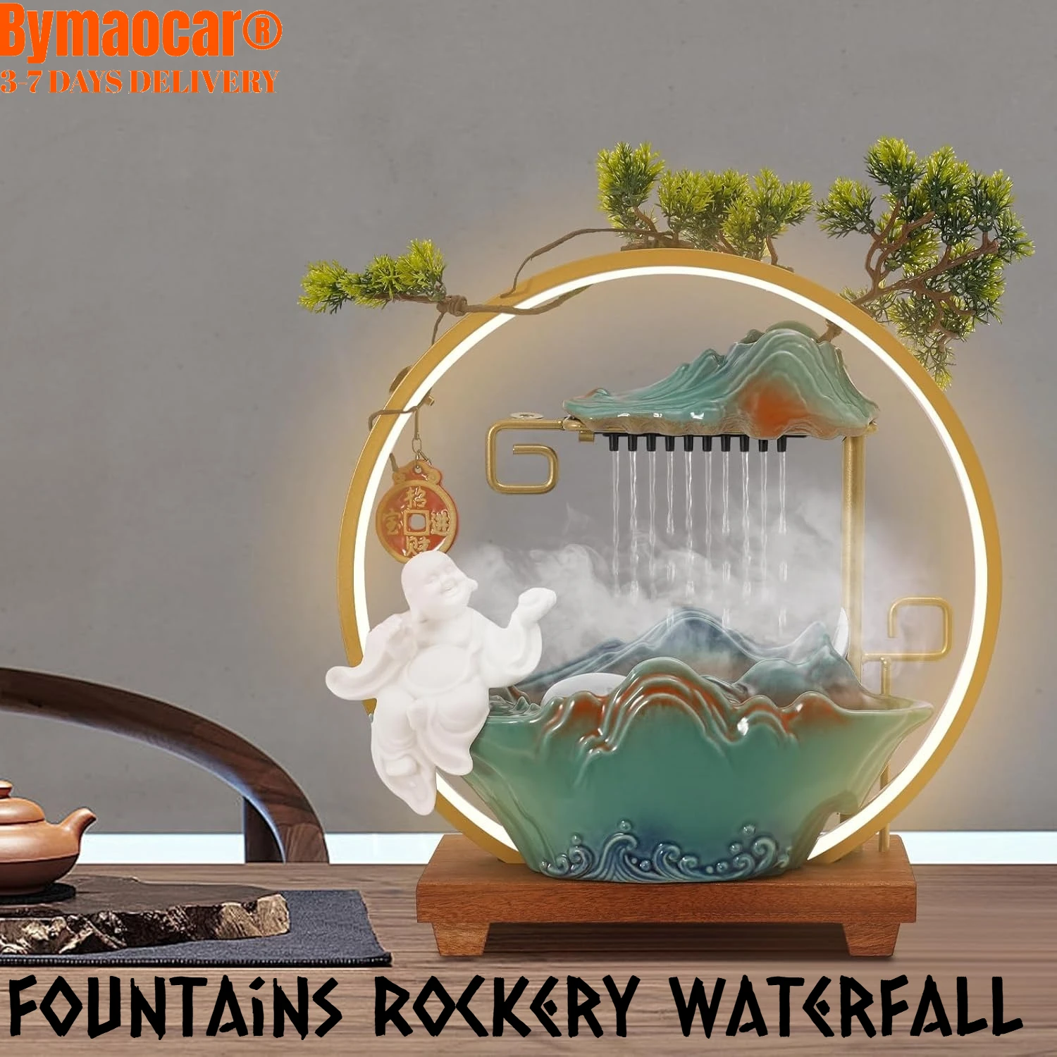 

Rockery Tabletop Feng Shui Water Fountain with Led Light Mist, Indoor Home Desktop Decoration for Good Luck Wealth Meditation