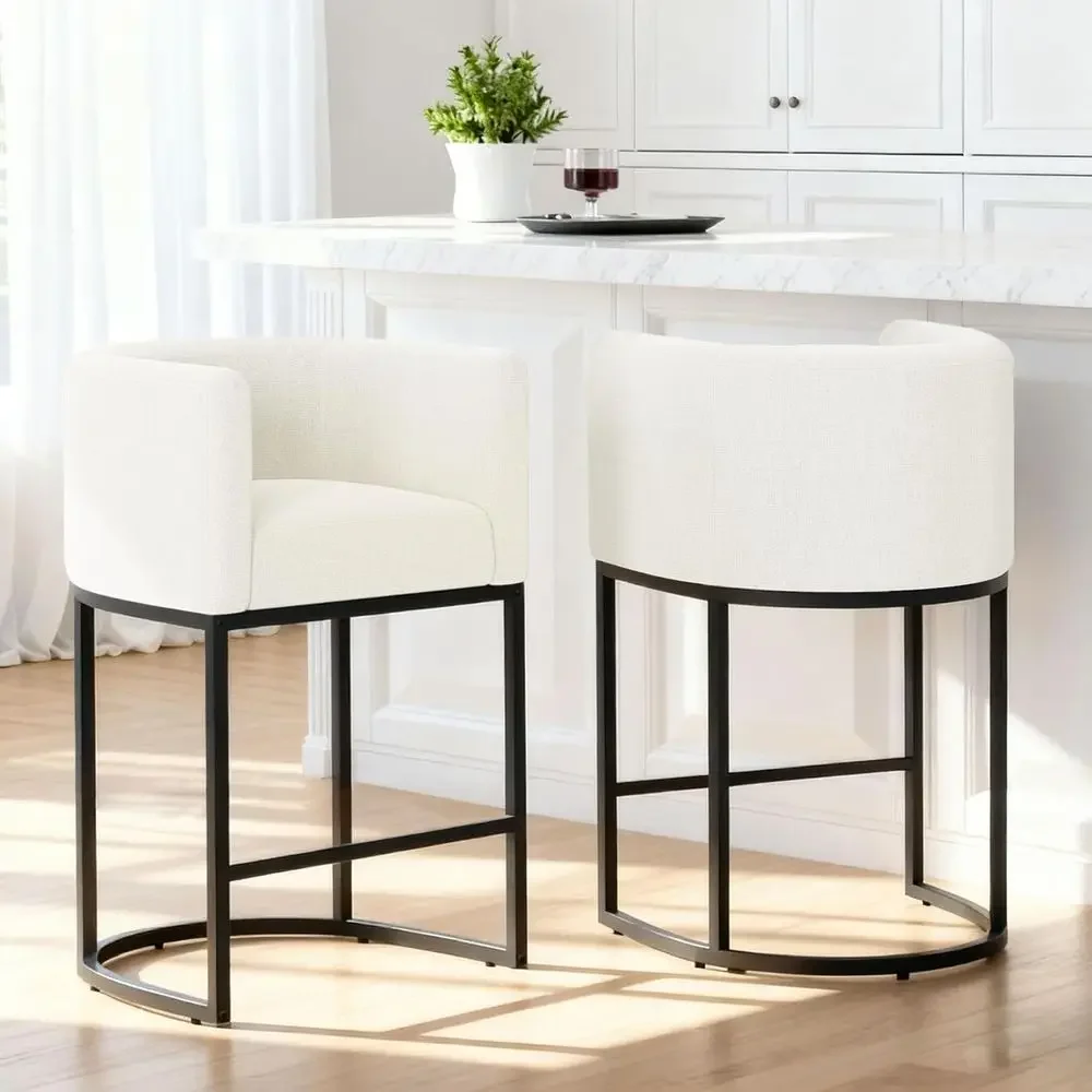 

Set of 2 Linen-Clad Counter Height Bar Stools with Backrest and Arms, Supporting 450 lbs