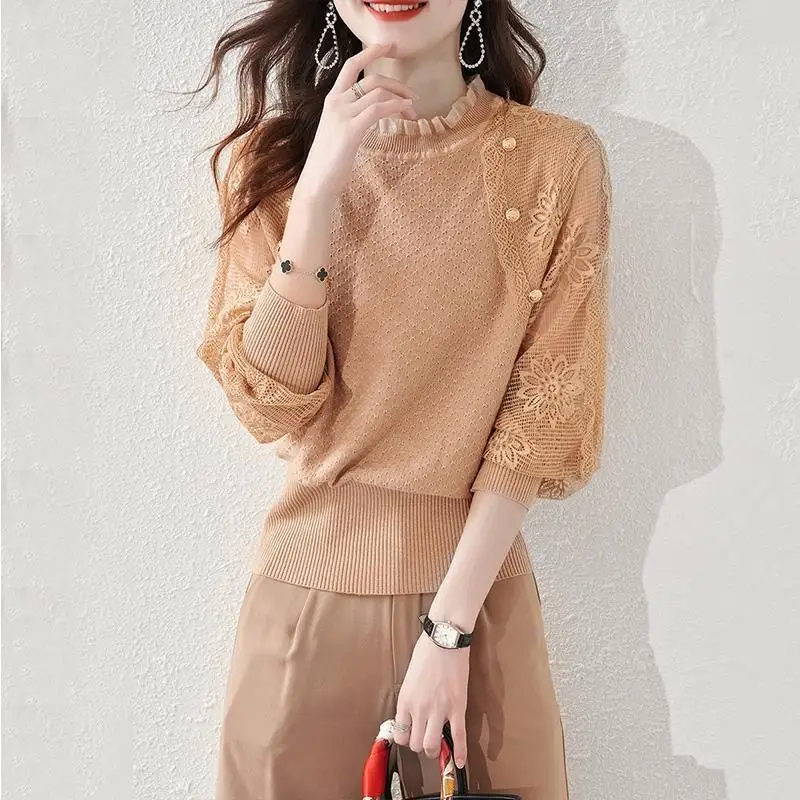 Fashion Ruffles Button Lace LaHollow Out Blouses Female Clothing 2023 Autumn New Loose Office Lady Tops Lantern Sleeve Shirts