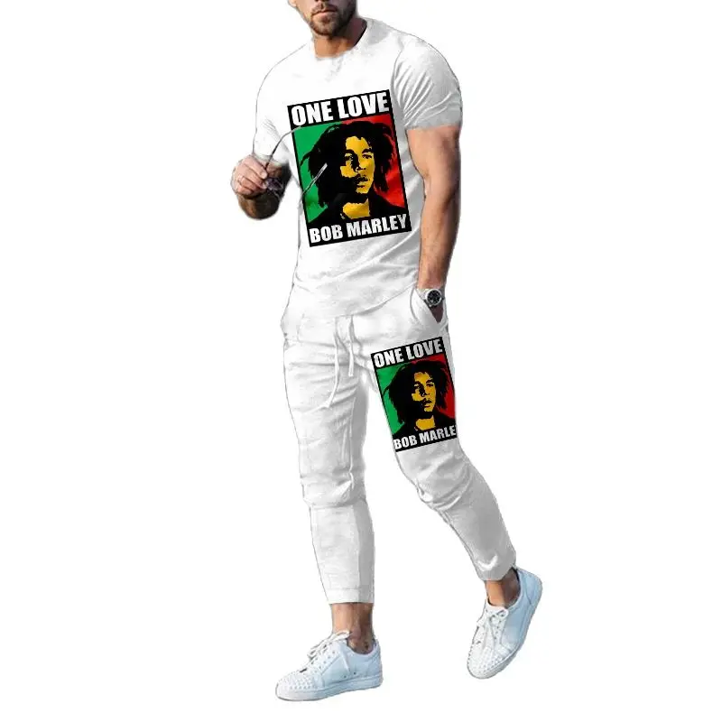 New Summer Men Clothing Bob Marley Reggae Music 3d Print Tracksuits Short Sleeve T Shirt Long Pants 2 Piece Sets Outfits Casual