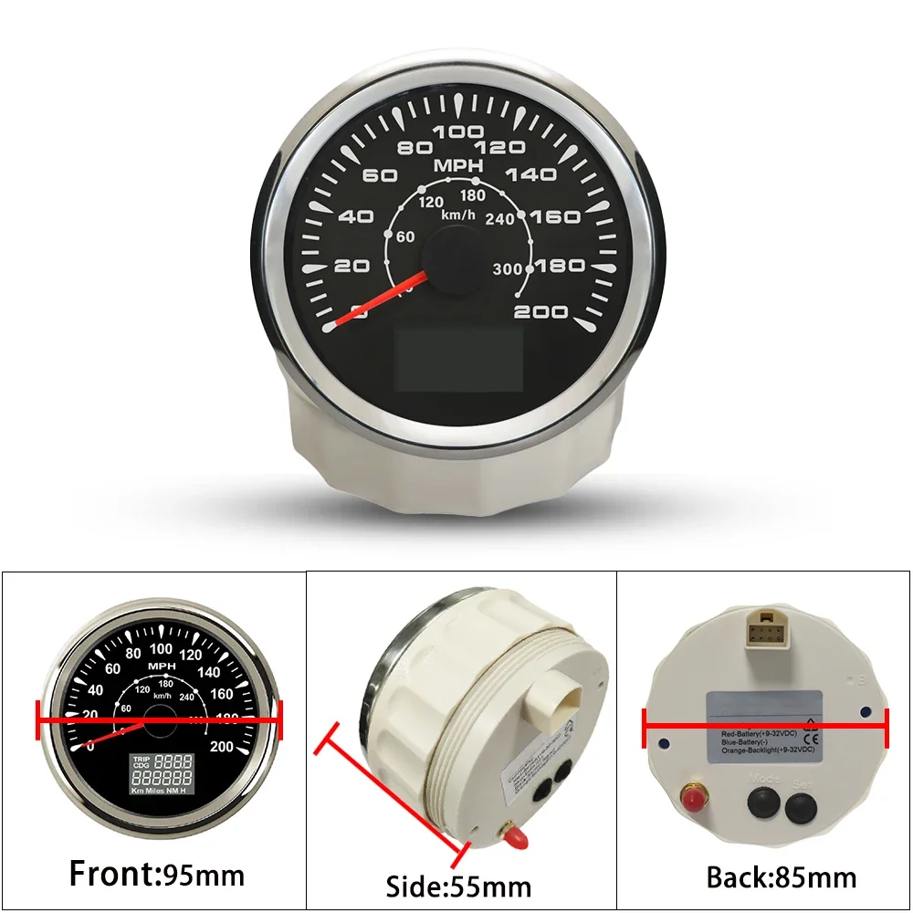 العالمي 85 مللي متر نظام تحديد المواقع عداد السرعة 0-35MPH 80mph 0-160MP 0-200MPH عداد المسافات الأميال مع 8 ألوان الخلفية لسيارة يخت قارب 9-32 فولت