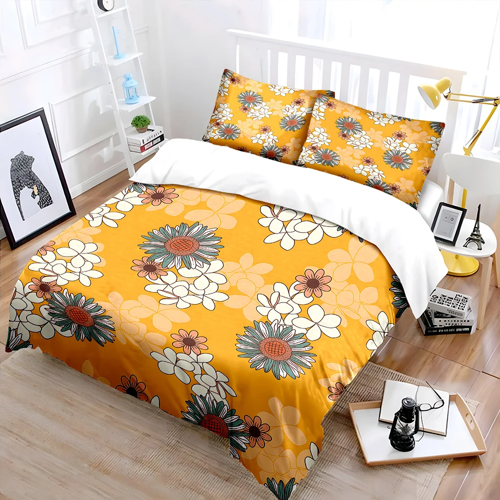 Retro floral pattern with orange background Print Soft Comfortable Duvet Cover Bedding Set Included 1*Duvet Cover  2*Pillowcases