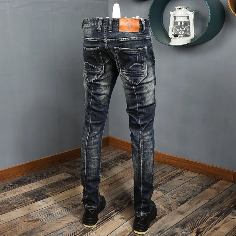 Street Fashion Men Jeans Spliced Designer Retro Black Blue Elastic Slim Fit Ripped Jeans Men Trousers Vintage Denim Pants Hombre