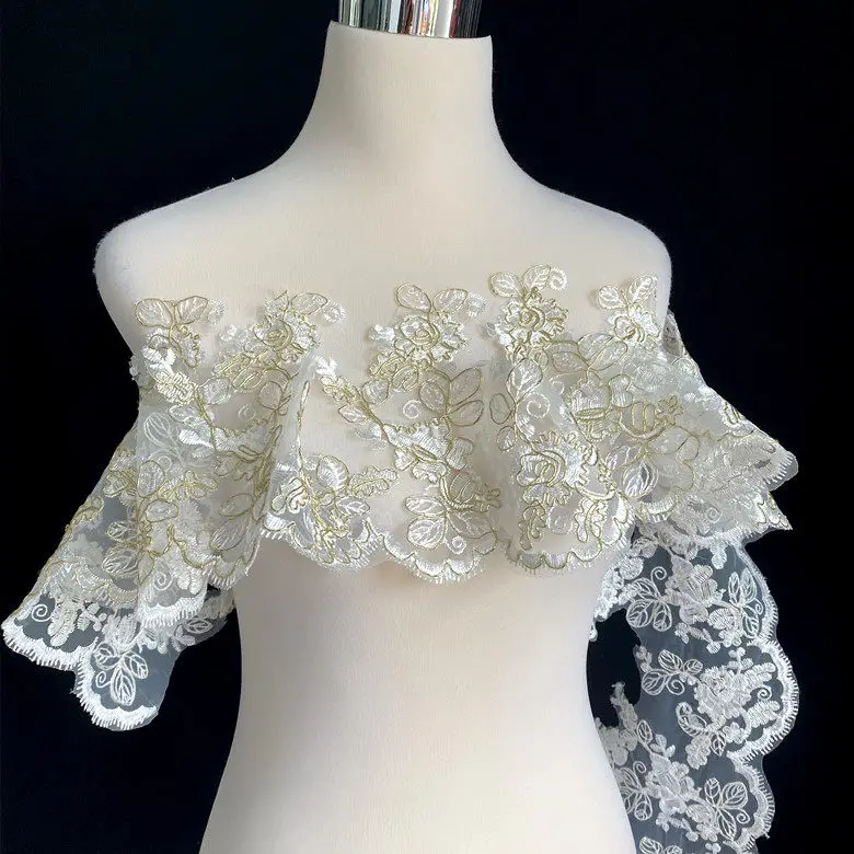 6-yard Light Golden Bone-sewn Lace Embroidery Tulle Lace for Clothing and Gowns Ideal Material for Fashion Designers