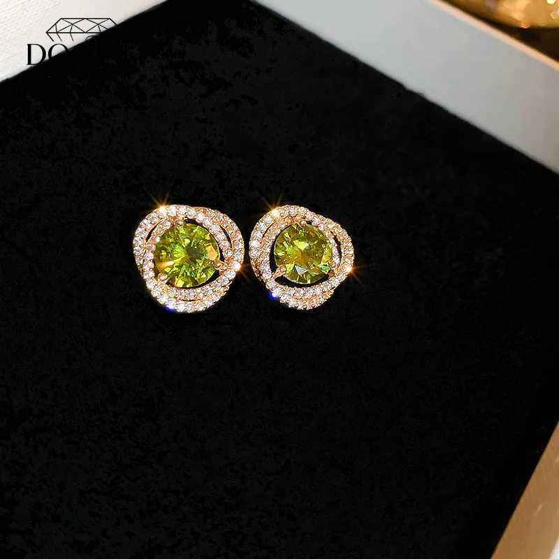 DOO MEI Luxury Green Zircon Stud Earrings for Women Twisted Hollow Crystal Ear Studs Wedding Banquet Bridal Fashion Jewelry