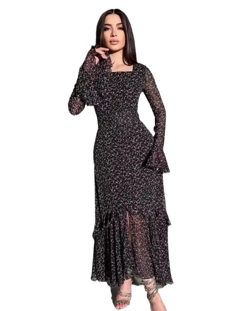 Eid Chiffon Feestjurk Vrouwen Moslim Bloemenprint Jalabiya Ramadan Morocco Jurken Dubai Abaya Kaftan Vestidos Arab Lange Gewaad