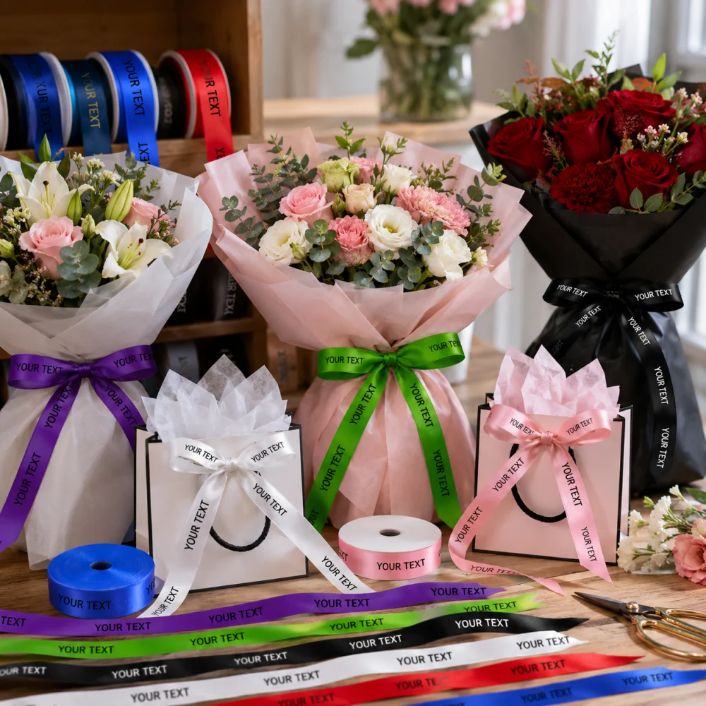Custom Printed Satin Ribbon 2M Length Personalized Text Ribbon for Wedding Gift Wrapping Bouquet Floral Decoration