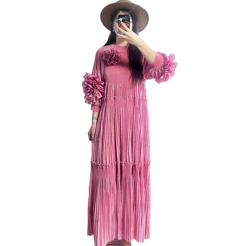 

Miyake Style Pleated Dress for Women 2025 New Gold Stamping Spliced Flower Ordering O-neck Lantern Sleeve Loose Pleated Skirt