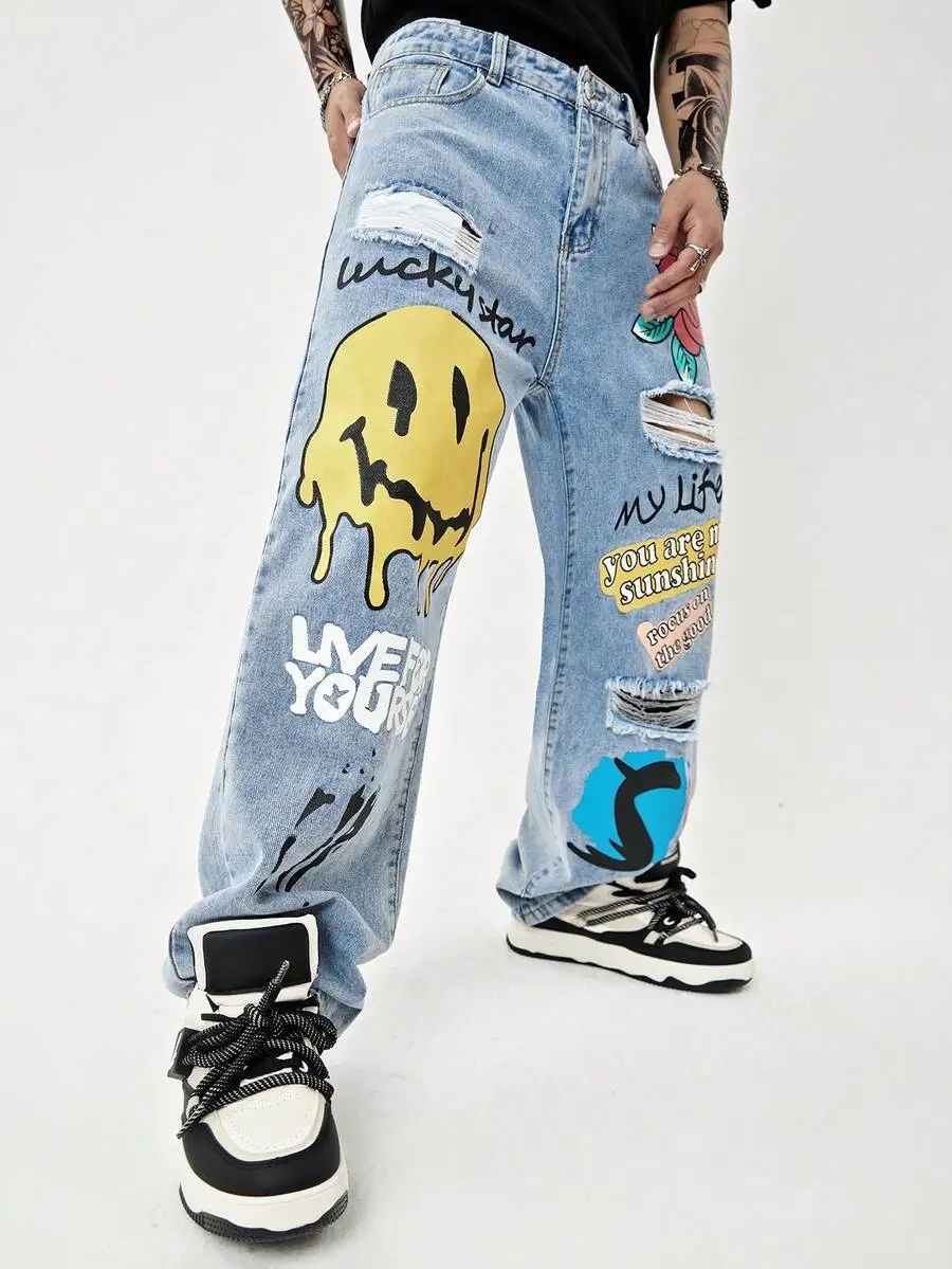 

Mens Ripped Straight Leg Jeans With Cartoon Graphics Baggy Frayed Denim Streetwear
