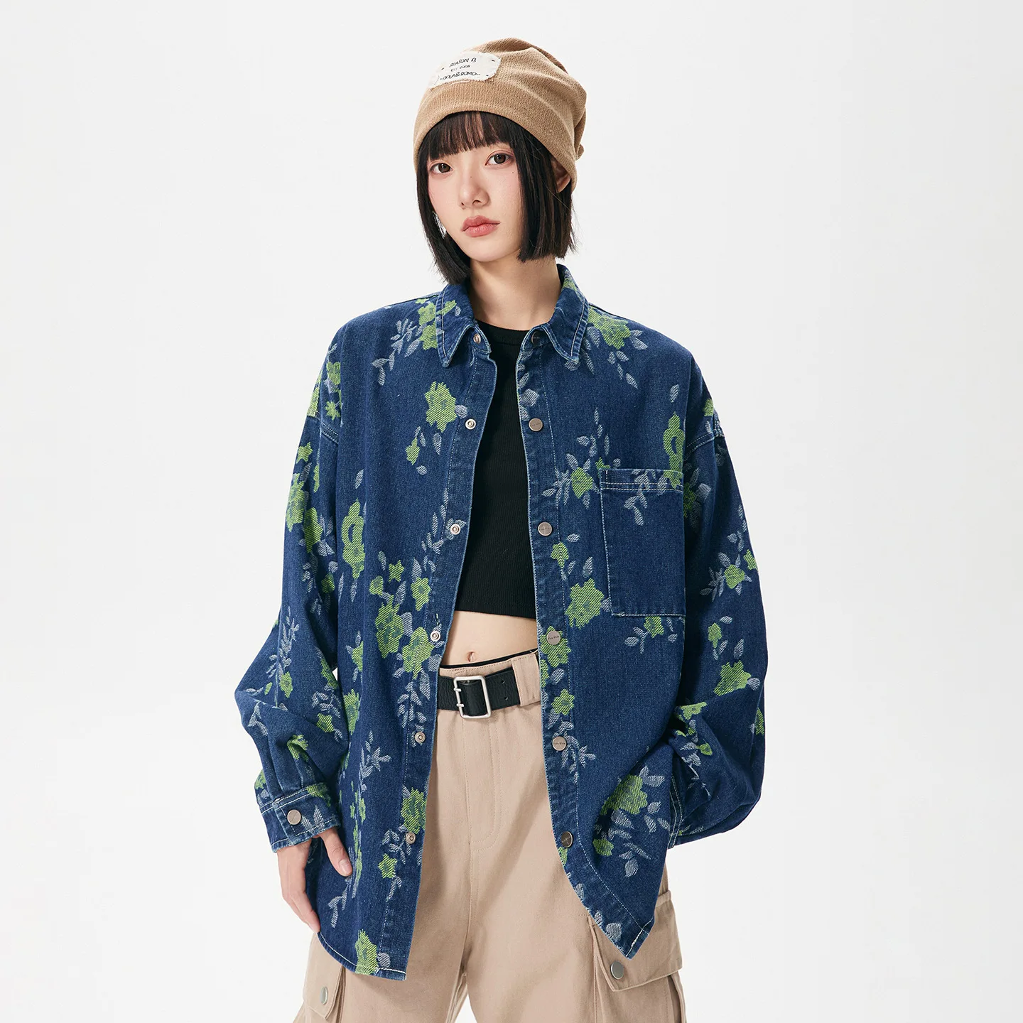 

Рубашки Unsiex, осень 2024, синяя жаккардовая джинсовая куртка для мужчин и женщин, стираная свободная повседневная рубашка с длинными рукавами с рисунком