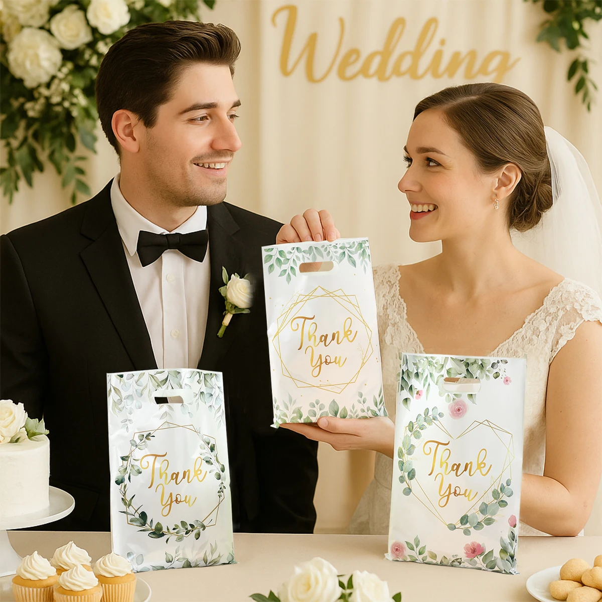 10/25/50 قطعة ورقة الأوكالبتوس شكرا لك هدية أكياس التعبئة حقائب للهدايا الصغيرة الزفاف عيد ميلاد الطفل دش لوازم الحفلات لصالح حقيبة