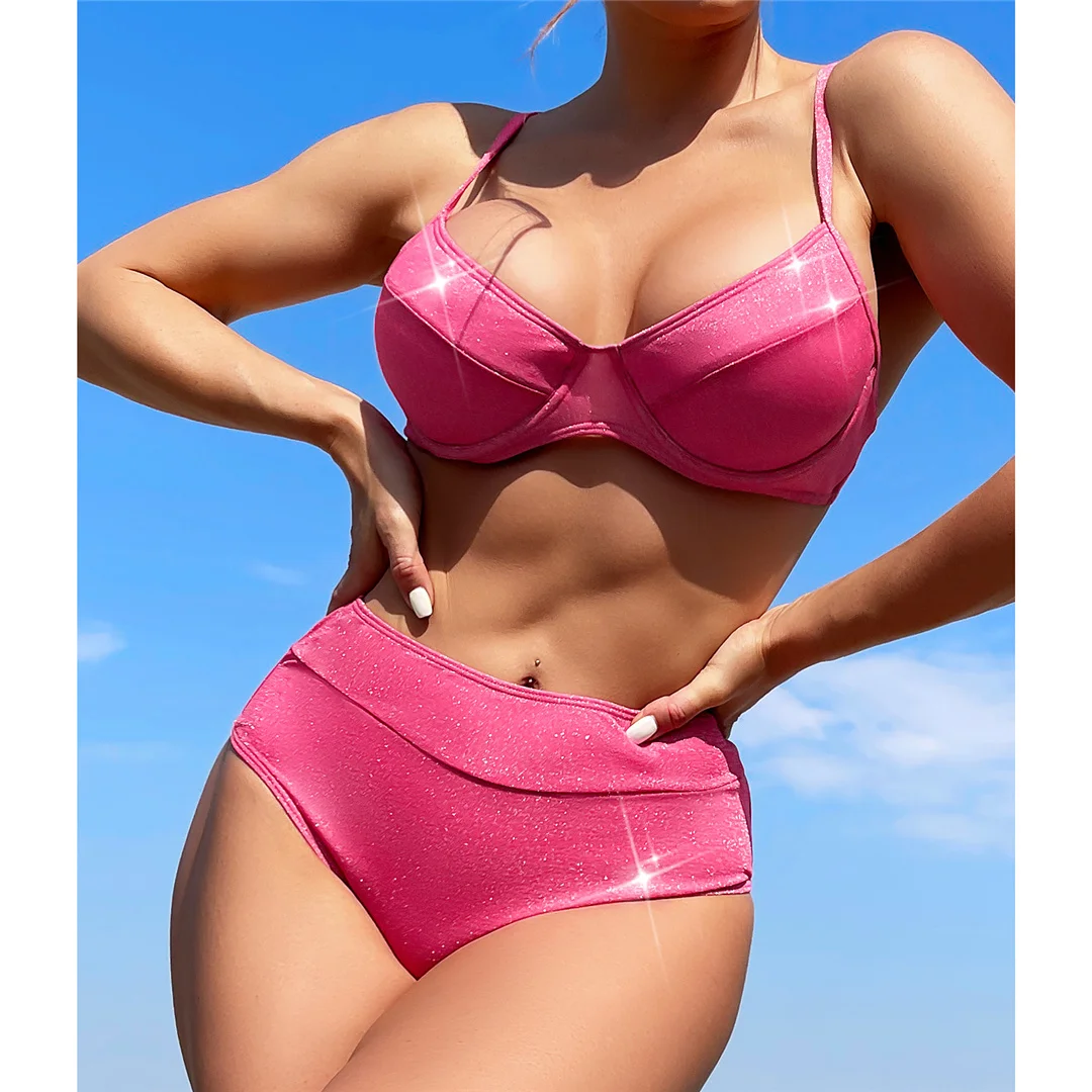 Glitzernder, glänzender Bikini mit Bügel, hoher Taille, Damen-Badeanzug, zweiteiliges Bikini-Set, Badebekleidung, Badeanzug, Schwimmanzug V4435 – Detail 7