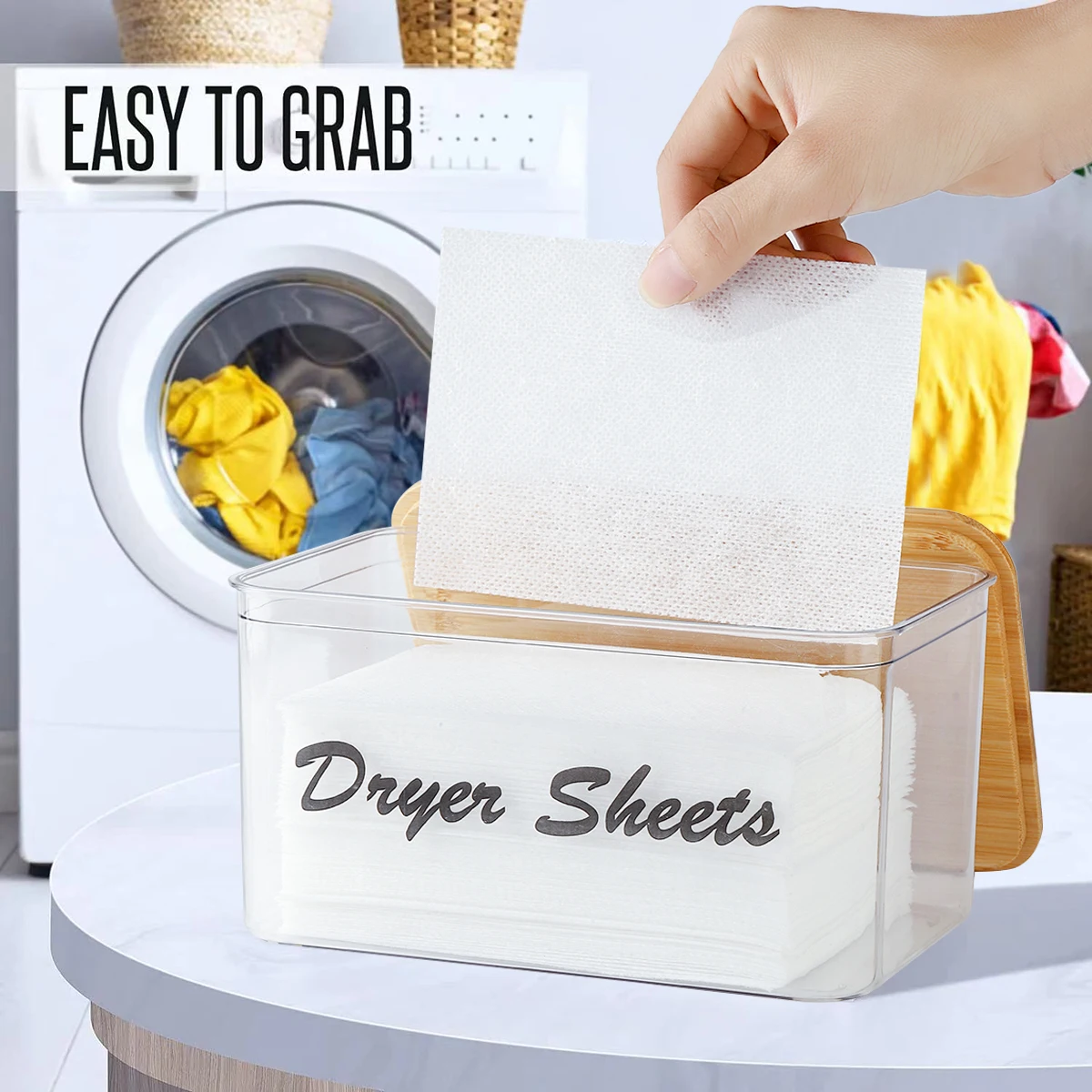 Clear Dryer Sheet Holder Container with Bamboo Lid for Laundry Room Decor Organization and Storage, Clean Dryer Sheet Detergent