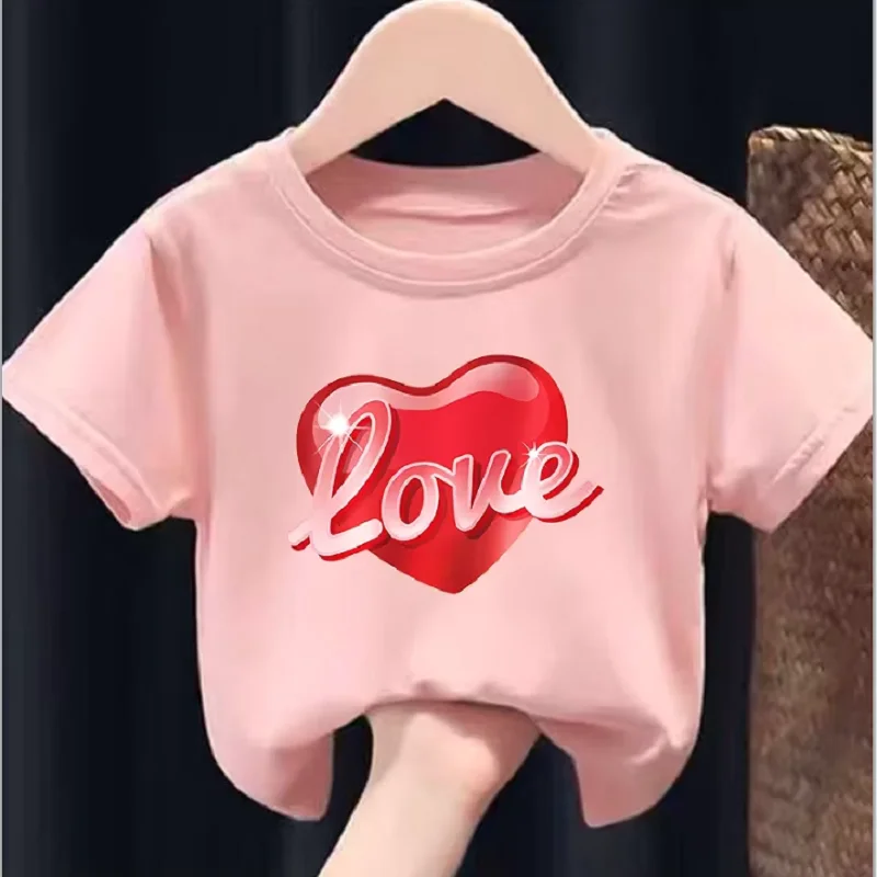 2026 Children Short Sleeve Tops Cute Heart Shaped Design T-shirt Girls Spring Party  Kid Lovely Tees Girl Clothes