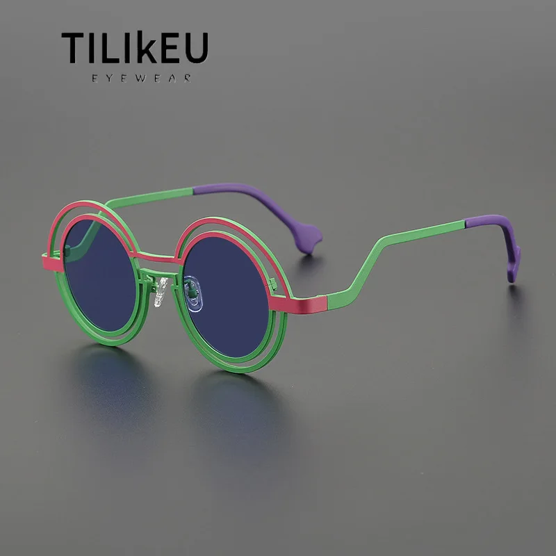 

Модные поляризационные солнцезащитные очки из чистого титана с двойной оправой для мужчин и женщин, модные уникальные дизайнерские круглые очки UV400, туристическое шоу для вечеринок