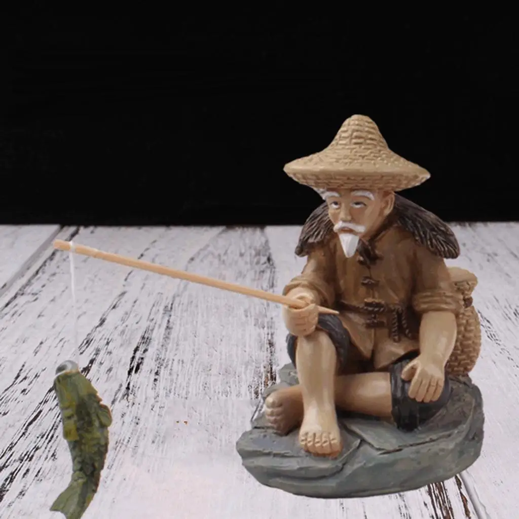 Fisherman Resin Figurines Fishing Old Man Garden Statue Bonsai Planter Pool