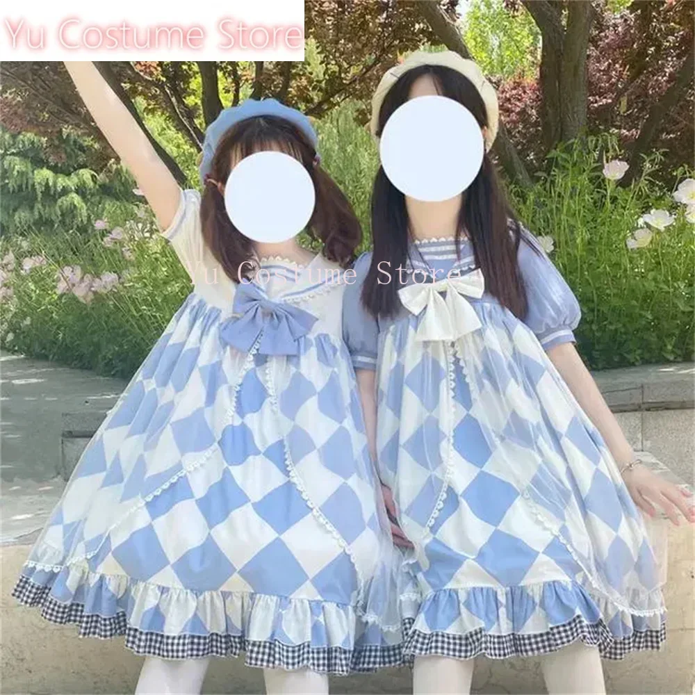 

Blue White Lattice Cute Rabbit Ear Naval Collar Sweet Sister Lolita Dress Lace Overall Puff Sleeve Vestidos Cosplay Lolita 2025
