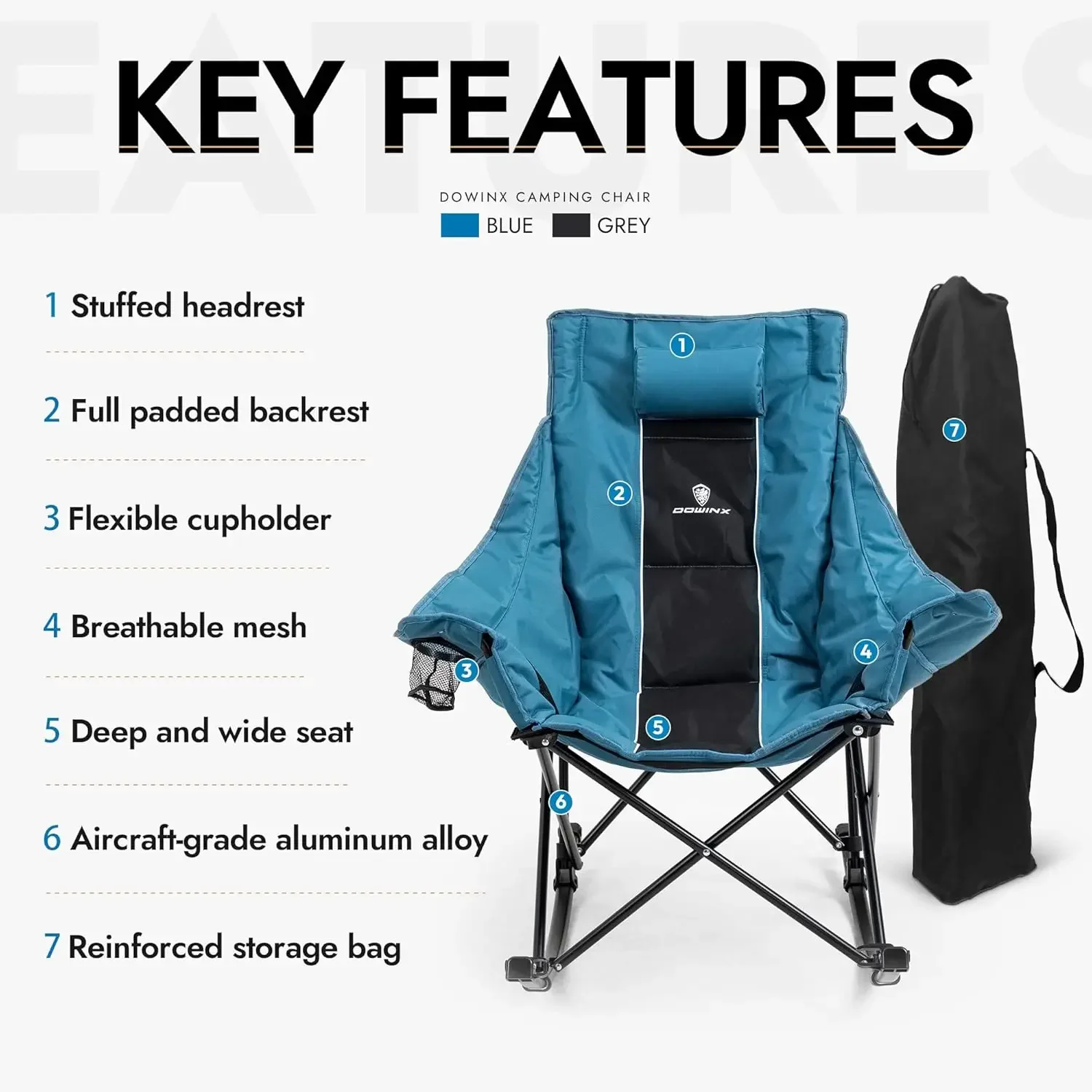 Oversized Rocking Camping Chair, Fully Padded Patio Chair with Side Pocket and Carry Bag, High Back Portable Lawn Recline