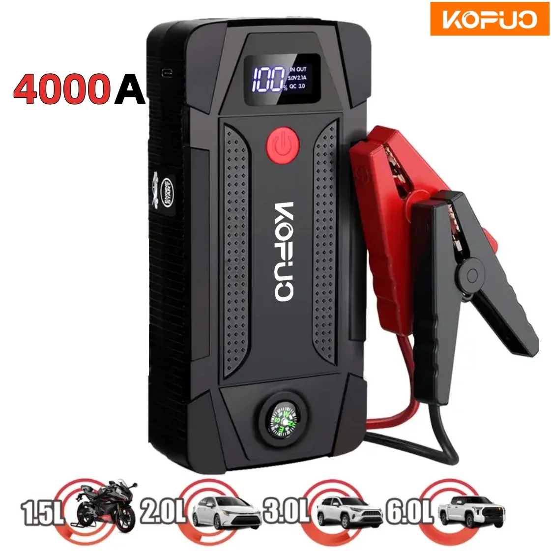

Car Jump Starter 4000A Peak 12V - 7.0L Gas/6.0L Diesel, Compass, 3-Mode LED, Power Bank, Camping/Travel Essential