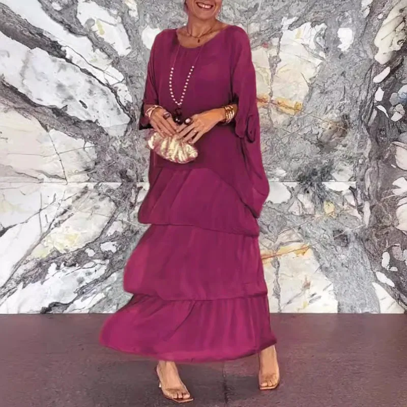 Female Elegant Floral Print Chiffon Boho Long Dress Spring Round Neck Women Pullover Dress Half Bat Sleeve Cake Skirt Dress