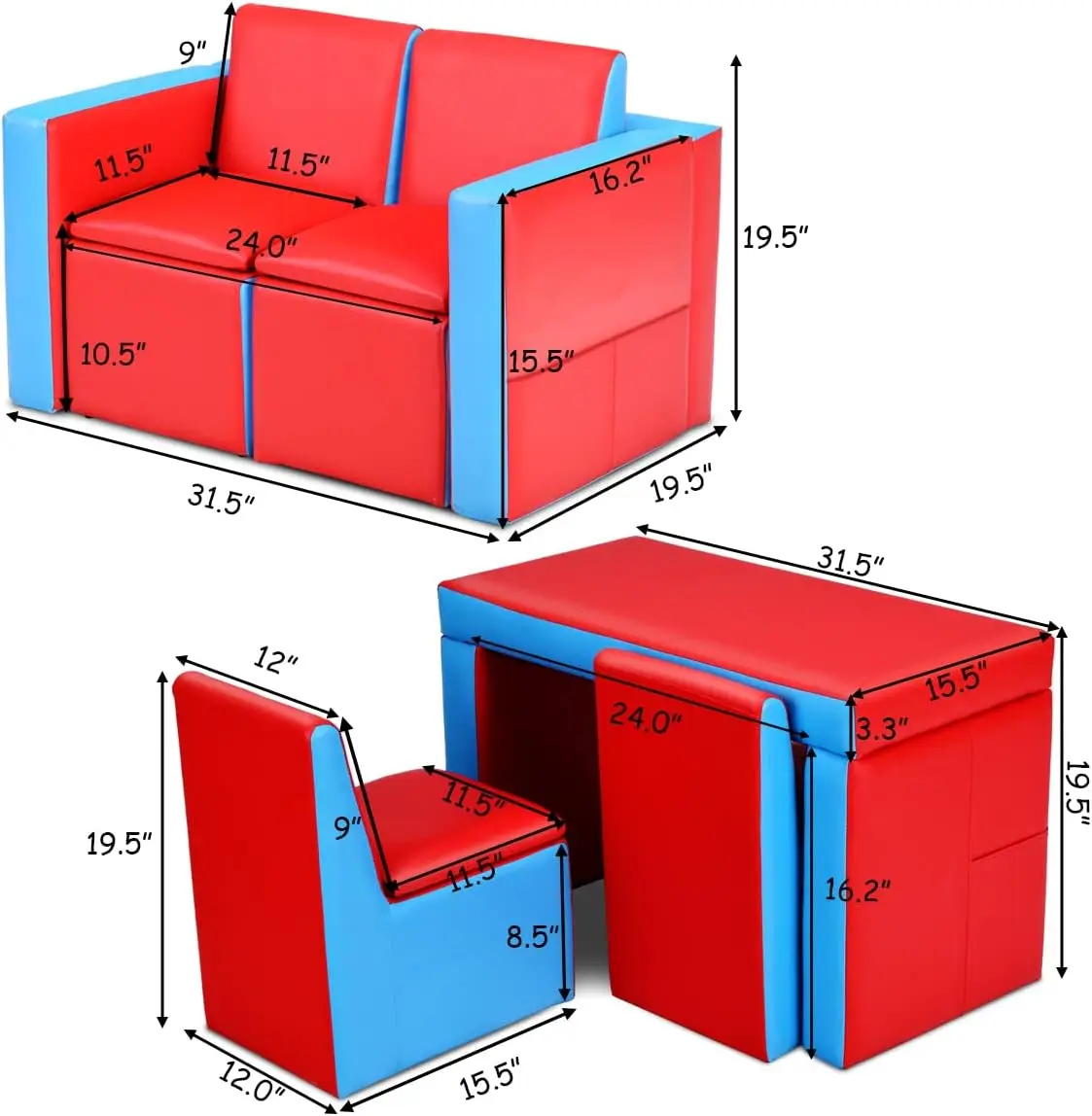 Sofá para niños, sofá para niños 2 en 1 de doble asiento convertido en mesa y dos sillas para la escuela, espacio de almacenamiento, superficie de PVC, L