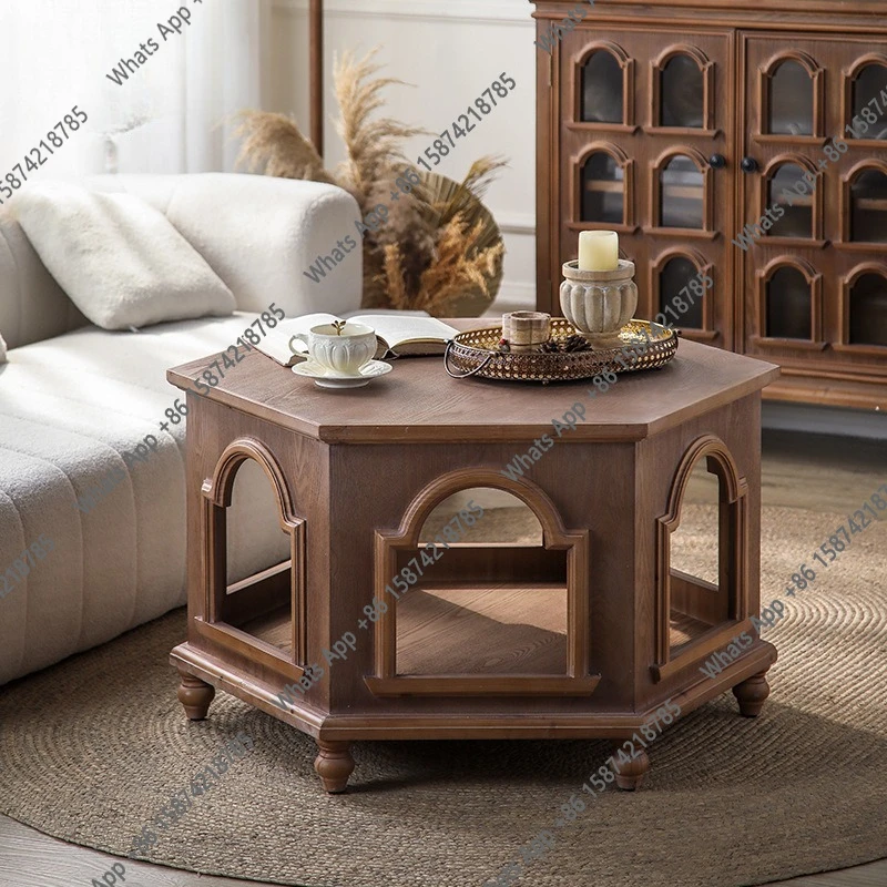 New medieval style coffee table hotel lobby personalized negotiation table walnut color living room side balcony flower stand