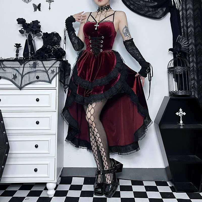 

2025 Women's Gothic Style Dress Autumn New Dark Sexy Hottie Slim Hanging Neck Tie Waist Drag Hem Dress Female