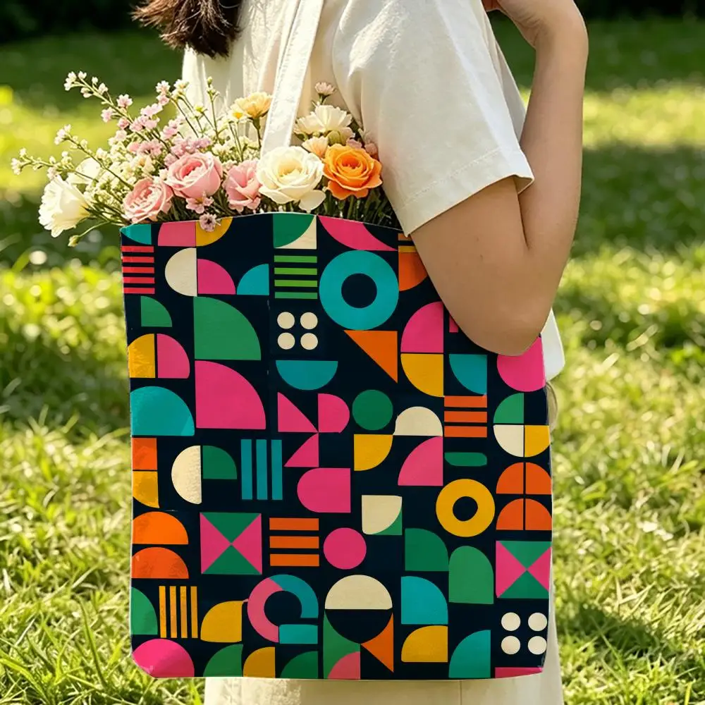 Bright Color Block Shapes Storage Bags Canvas Double-Sided Print Women Large Tote Bag Durable Beach Picnic Foldable Gift Eco