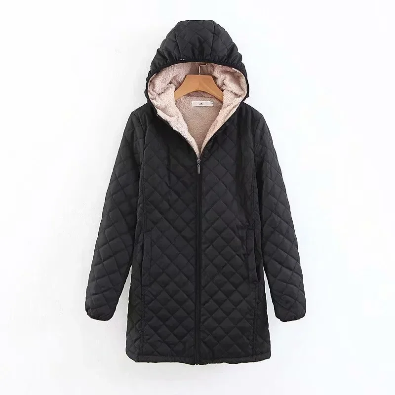 2024Autumn/Winter New Hooded Warm Lamb Fleece Long Sleeve Cotton Jacket Cotton Jacket Size Up Coat Women\'s Medium Long Checkered