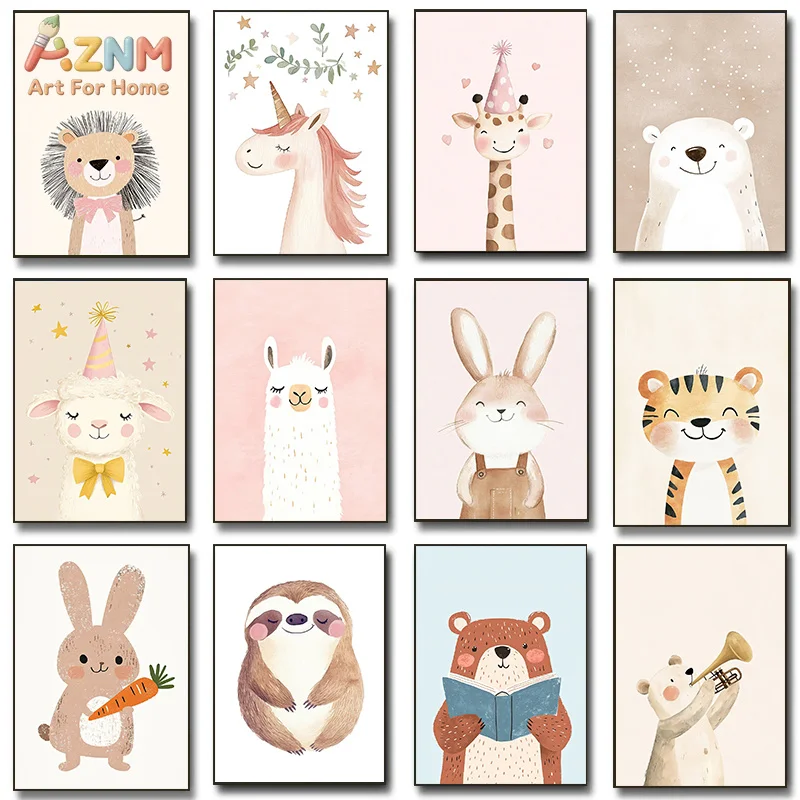 AZNM Soft Watercolor Cute Jungle Animal Canvas Wall Art Print, Unicorn Lion Giraffe Sloth Tiger Alpaca Neutral Pastel Nursery Ki