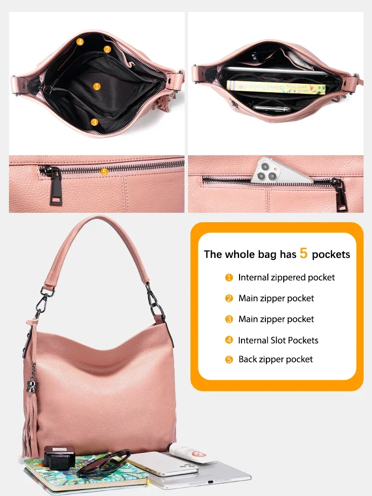 Zency Fashion 100% Genuine Leather Hobo Bag Women Elegant Shoulder Bag Handbag High Quality Female Tassel Crossbody