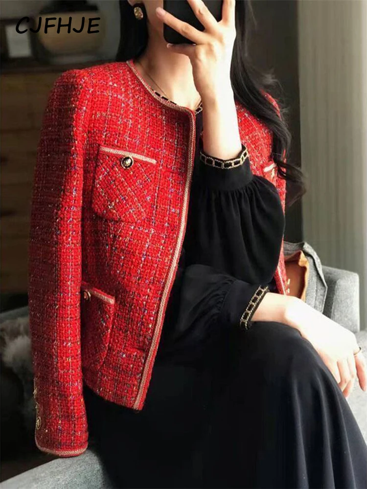 CJFHJE Red Tweed Blazers Women New Autumn Winter Loose O-Neck Single-Breasted Suit Jacket Female Korean Style Elegant Lady Coats