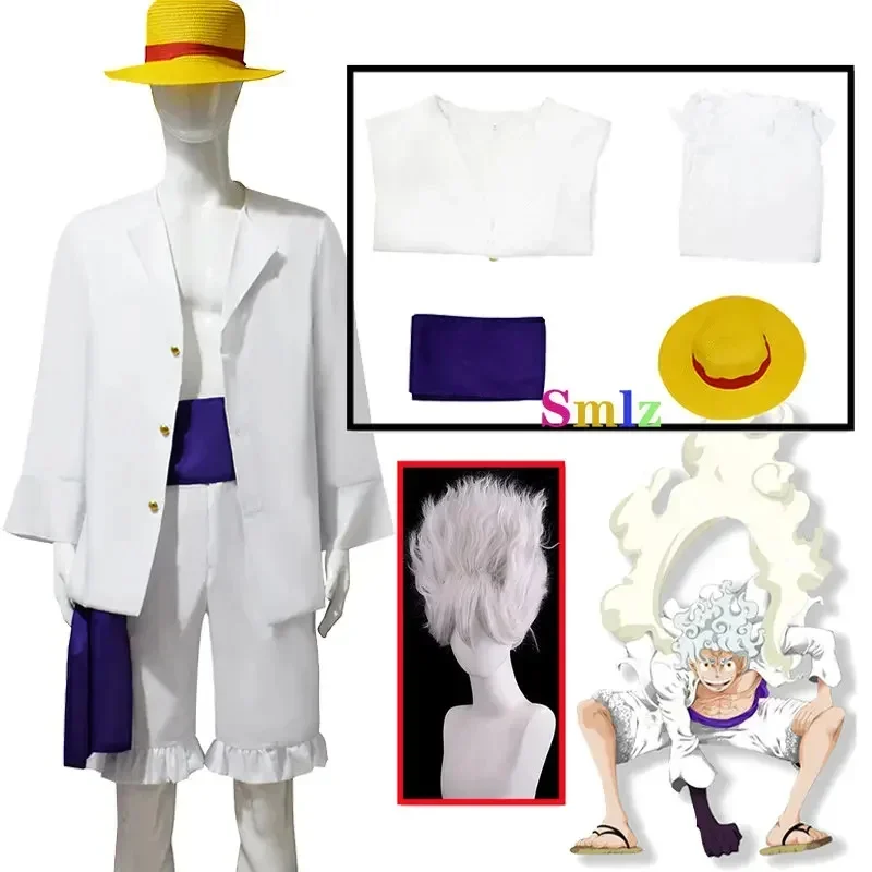 White Luffy cosplay anime gear 5 Nik form costume outfit adult kid full set White Shirt pants sash wigs