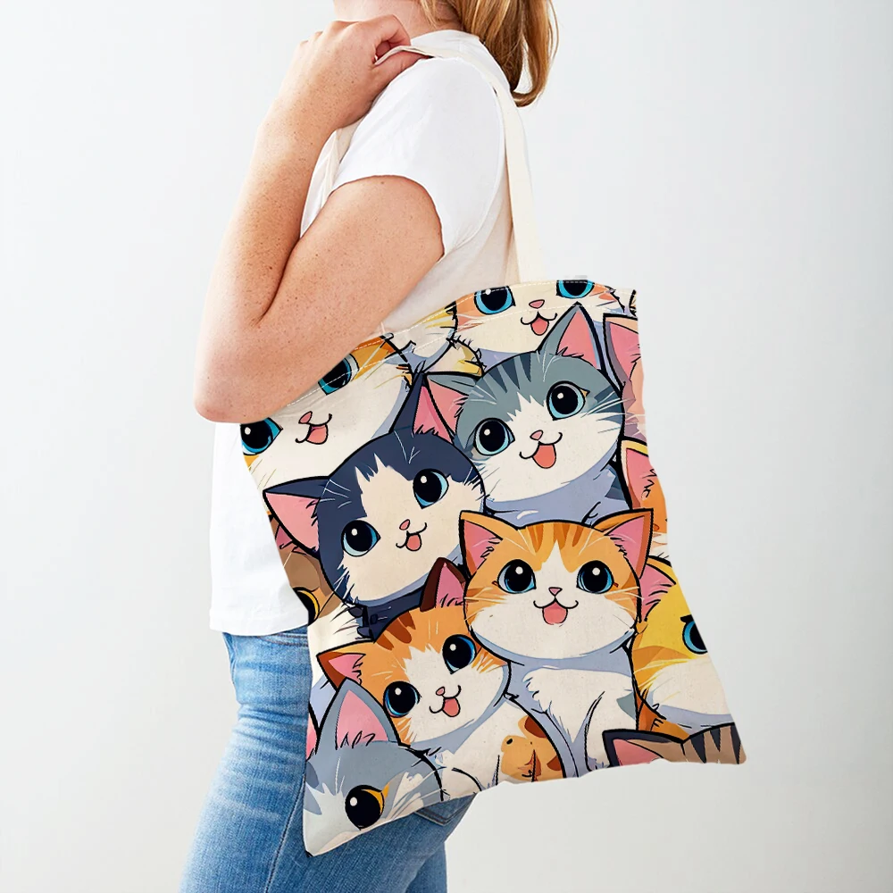 Cute Cartoon Cat Women Shopper Bags Tote Double Print Watercolor Pet Animal Travel Shoulder Handbag Shopping Bag Children Gift