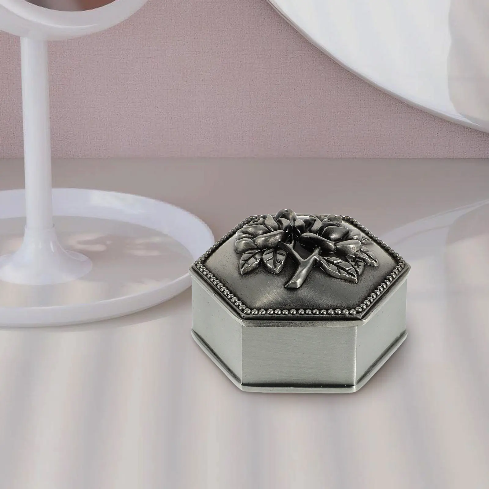 

Metal Hexagonal Jewelry Box Rose Embossed Design Vintage Elegant Small Decorative Storage Case for Rings Trinkets Accessories