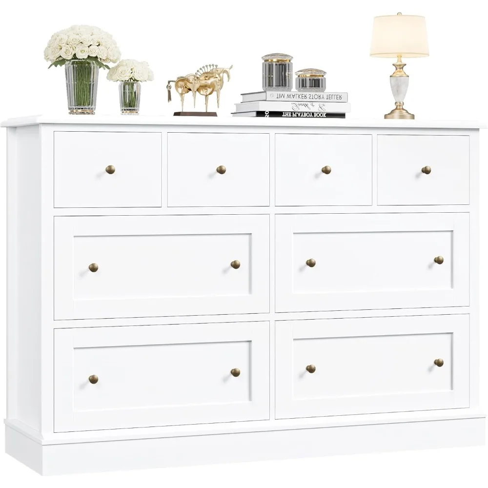 Cômoda branca elegante com 8 gavetas, cômoda de armazenamento espaçosa, 47,2 de comprimento com gavetas profundas