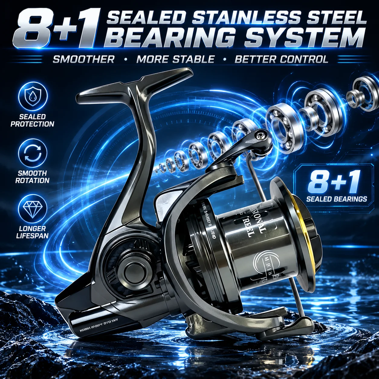 MBLN Marke, 8000/12000 Serie, Großformatige Salzwasser-Surfcasting-Rolle, Leistungsstarke 35kg Bremskraft, 8+1 Edelstahlkugellager – Detail 4