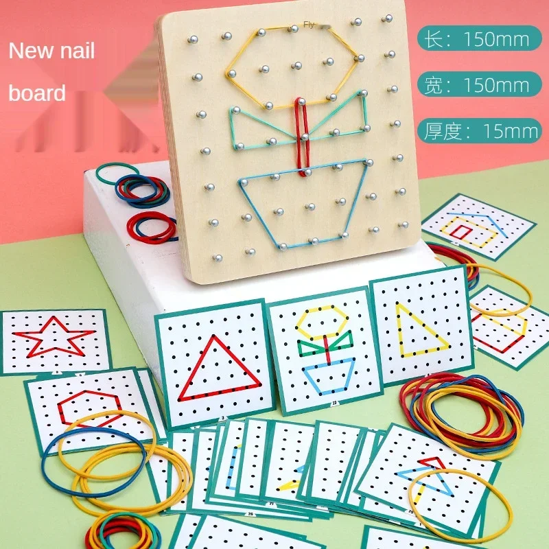 Crianças matemática montessori brinquedos de madeira conjunto forma geométrica borracha pegboard aprendizagem criativa habilidades motoras finas
