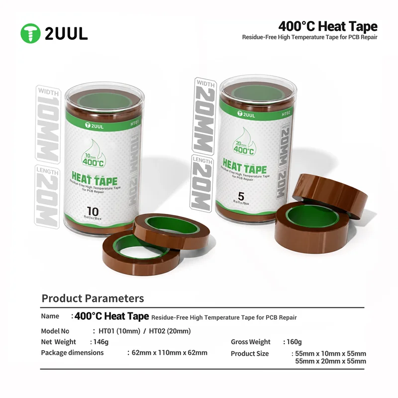 2uul 400°C Heat Tape 10MM/20MM Residue-Free High Temperature Tape for Phone PCB CPU Soldering Desoldering Repair Tool