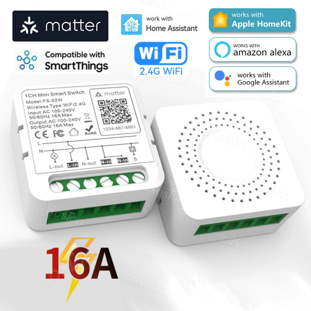 Matter WiFi Smart Switch for Homekit Smartthings Home Assistant 16A Smart Home Automation Relay Module Works with Alexa Google