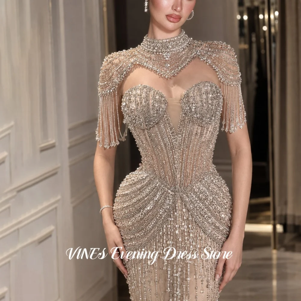 VINES Fabulous Champagne High Neck Evening Dress Crystal Prom Gown Tassel Cape Long Slim Mermaid Train Party Dresses Customized