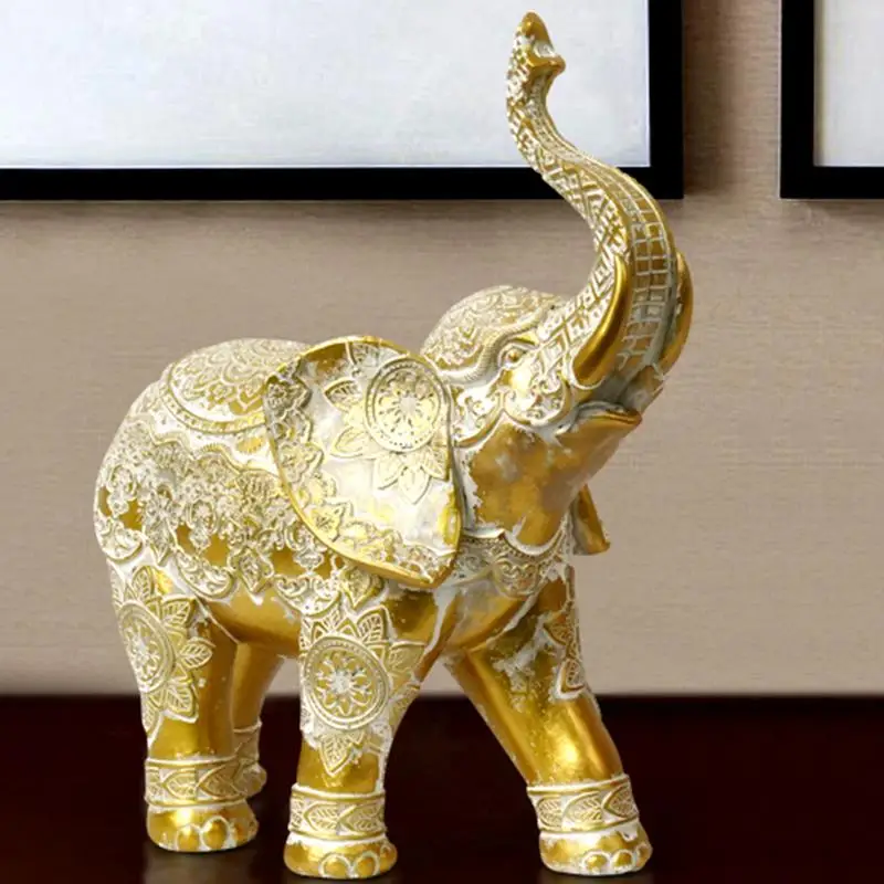 Golden Resin Elephant Statue Feng Shui Elegant Elephant Trunk Sculpture Lucky Wealth Figurine Crafts Ornaments For Home Decor