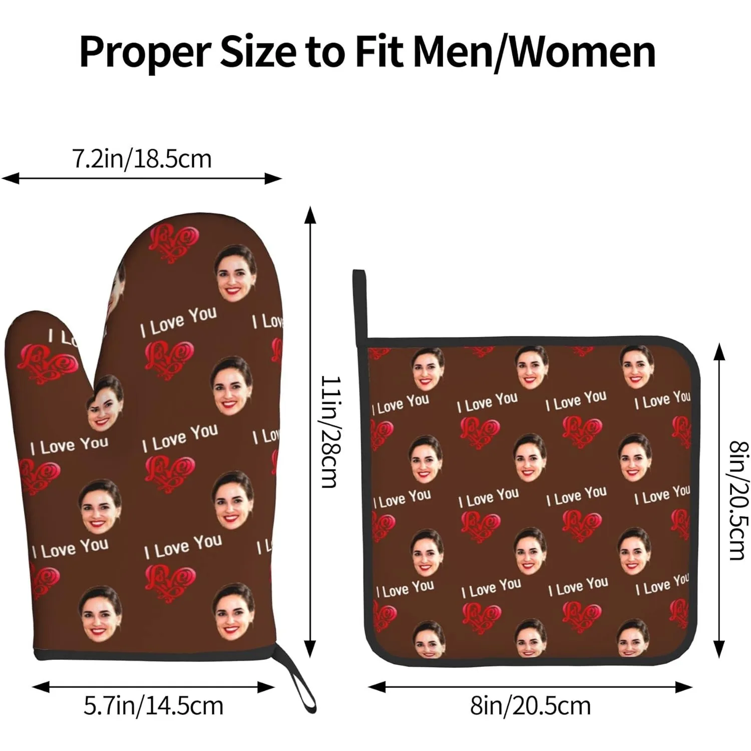 Personalized Love Oven Mitts and Pot Holders Sets of 2 Custom Non-Slip Kitchen Gloves Add Your Image/Text for Friend Family Gift