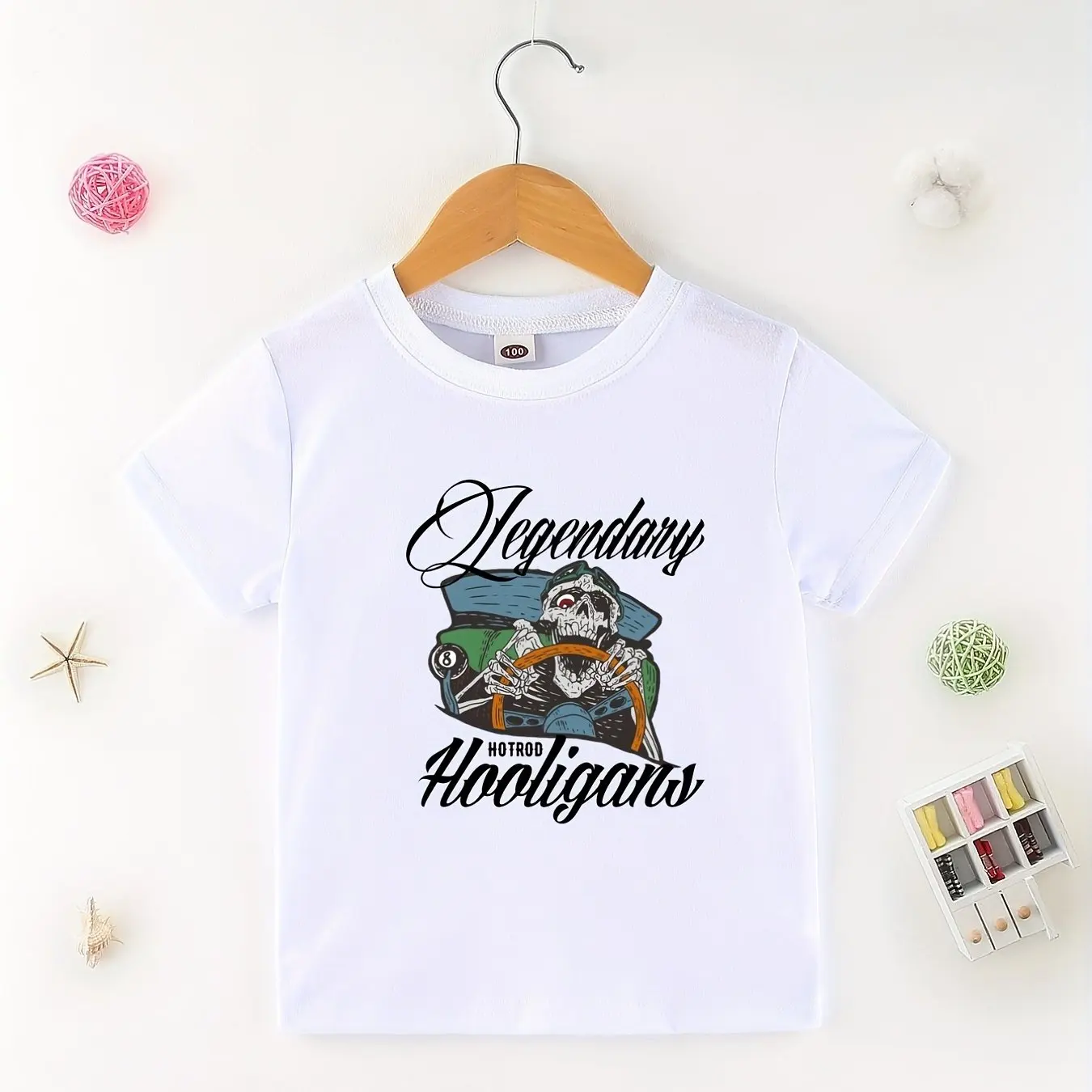 Kids Legendary Hooligans T-Shirt - Cartoon Skeleton Hotrod Design - Boys Summer Casual Top - Fun Vintage Car Graphic Tee