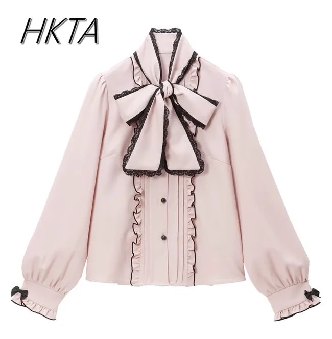 Japón Mine dulce camisas de manga larga blusa mujeres Tops 2025 primavera nuevo lazo grande encaje Color sólido camisa de fondo suelta y delgada