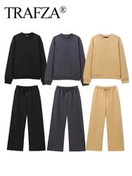 TRAFZA Elegant Women O-Neck Long Sleeve Casual Pullover Hoodie+High Waist Side Pockets Drawstring Slim Wide Leg Pant 2 Piece Set