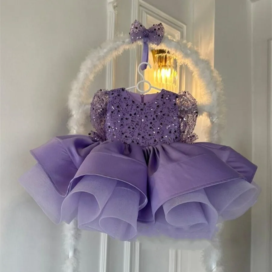 Robe d'anniversaire de fille de fleur luxueuse pour bébé, ficelle de perles, tutu à paillettes brillantes pour mariage, robe de Rhet de communion